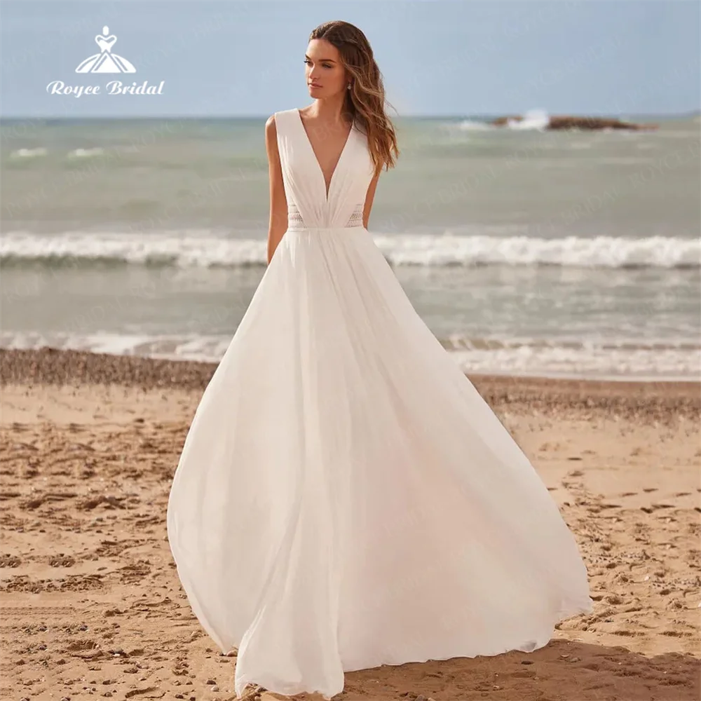 Elegante vestido de novia de línea A, gasa de encaje, cuello en V, sin mangas, clásico, lado de la playa, espalda abierta, tren de barrido, 웨레스 스