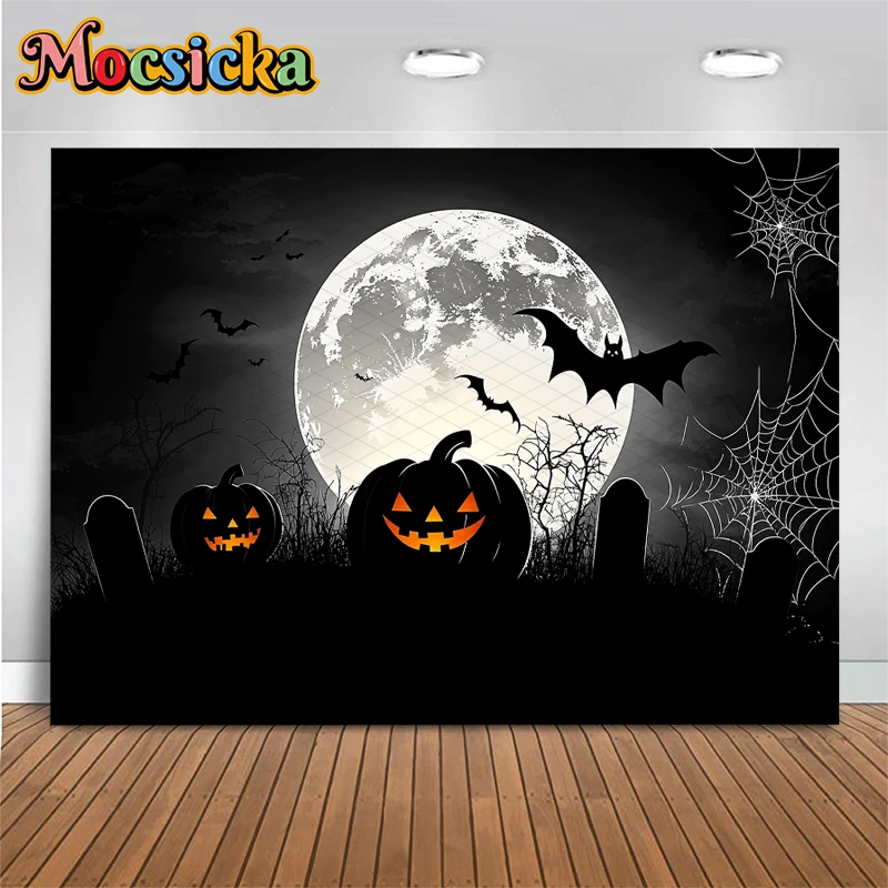 Mocsicka ハロウィン背景 ブラック パンプキン パーティー ナイト ムーン 墓石 クモの巣 コウモリ ジャック・オ・ランタン 装飾 背景バナー