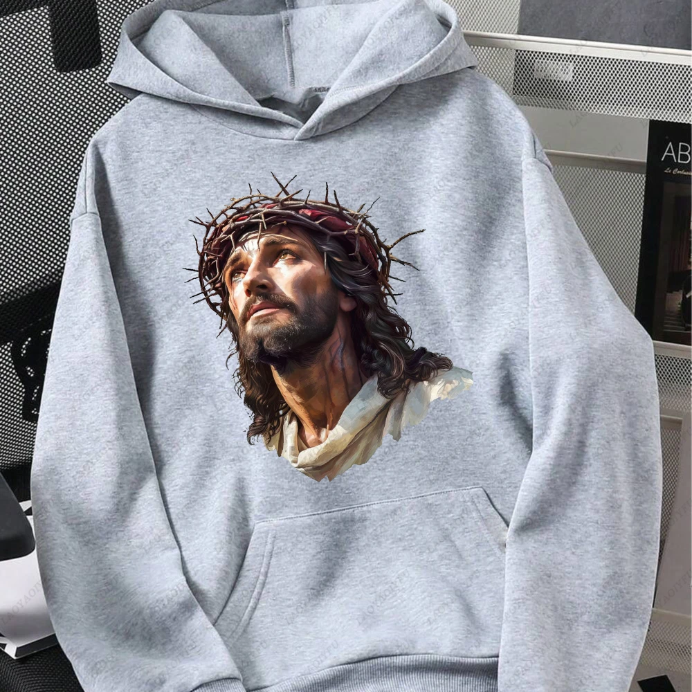 Jesus Crown of Thorns Religious Portrait Women Long Sleeve Hoodie Casual Faith Christian Inspirational Believer Gift Pullover