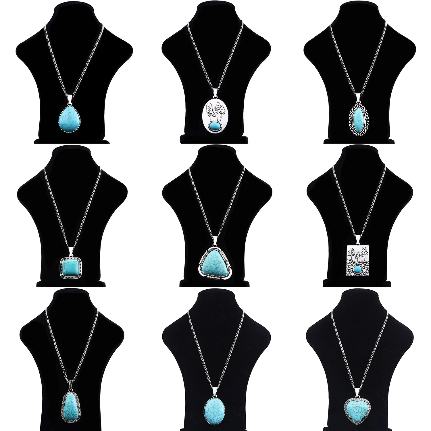 Tibetan Silver Large Metal Faux Turquoise Stone Charm Pendant Long Curb Chain Necklace Lagenlook 34