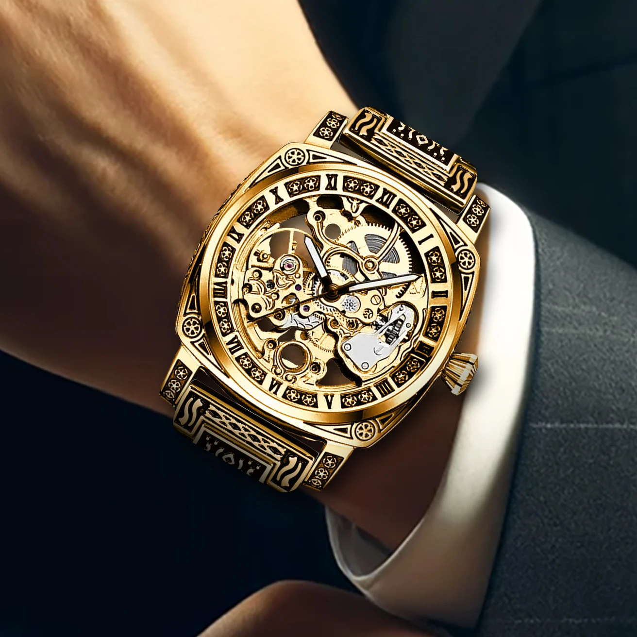 New men's gold steel strip simple style novel carved luminous fully automatic hollow mechanical watch