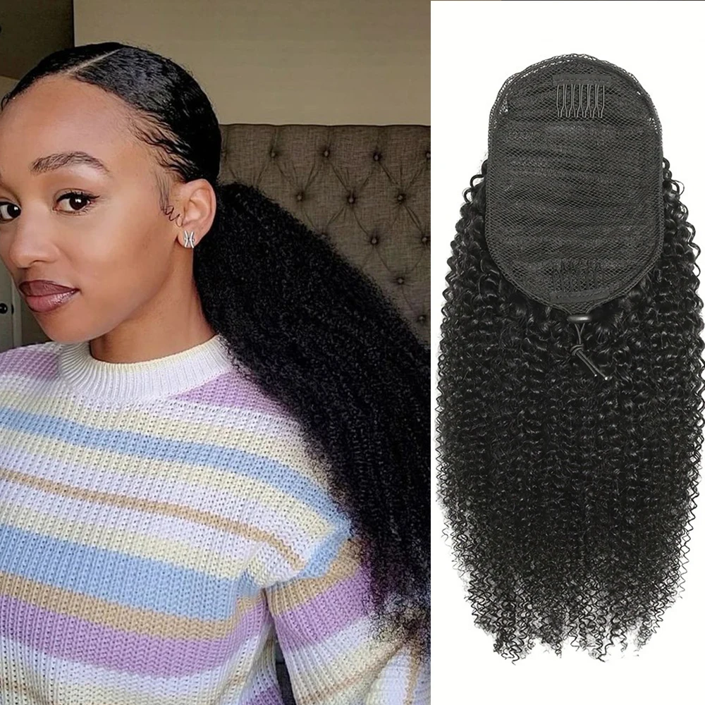 Virgin Human Hair Drawstring Ponytail Afro Kinky Curly Human Hair Extensions Curl Draw String Ponytails for Black Women