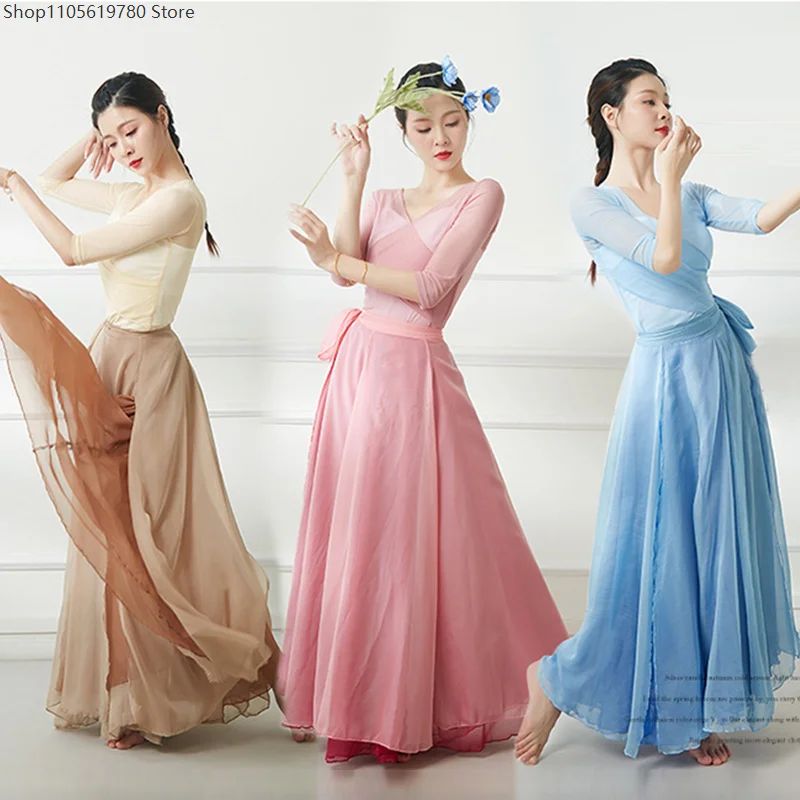 Chinese Classical Dance Skirt Lady Elegant Dance Skirts Chiffon Flowing Double Layer Large Swing Skirts Stage Performance Dress