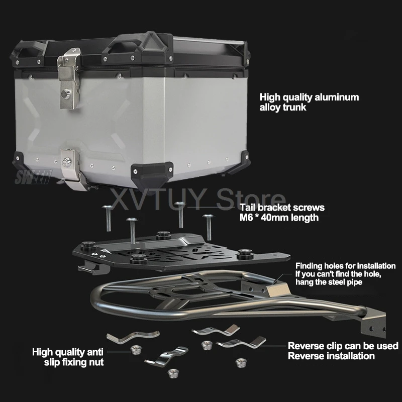 Caixa superior traseira da motocicleta lateral 36l 45l 50l 55l 65l 80l mala de bagagem tronco armazenamento liga alumínio para viagens tamanho grande universal