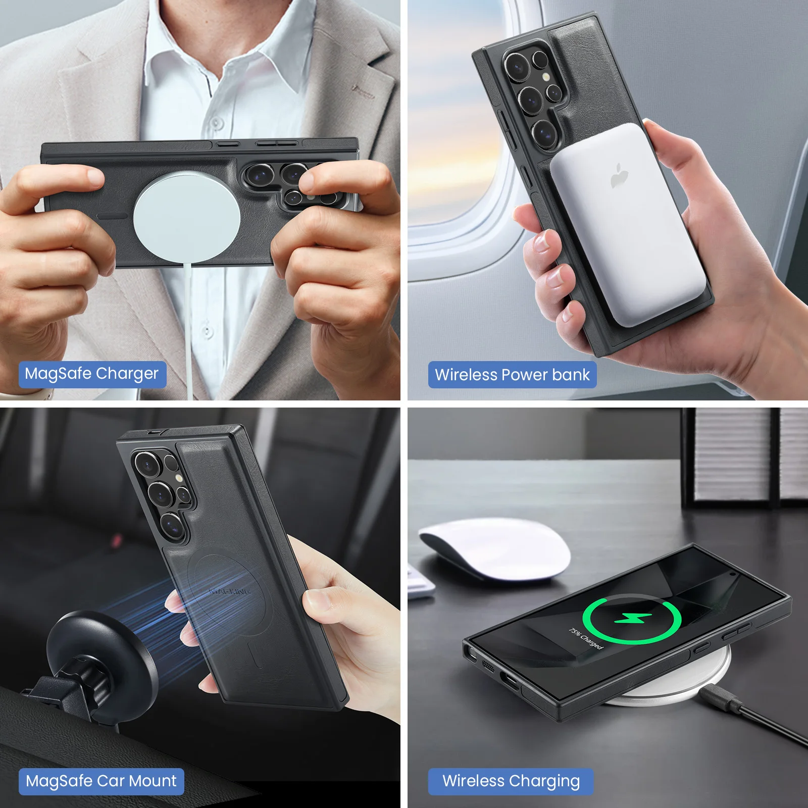 حافظة محفظة 2 في 1 قابلة للفصل لهاتف سامسونج جالاكسي S25 S24 S23 Plus FE Magsafe شحن لاسلكي مغناطيسي مع غطاء حلقي مرن