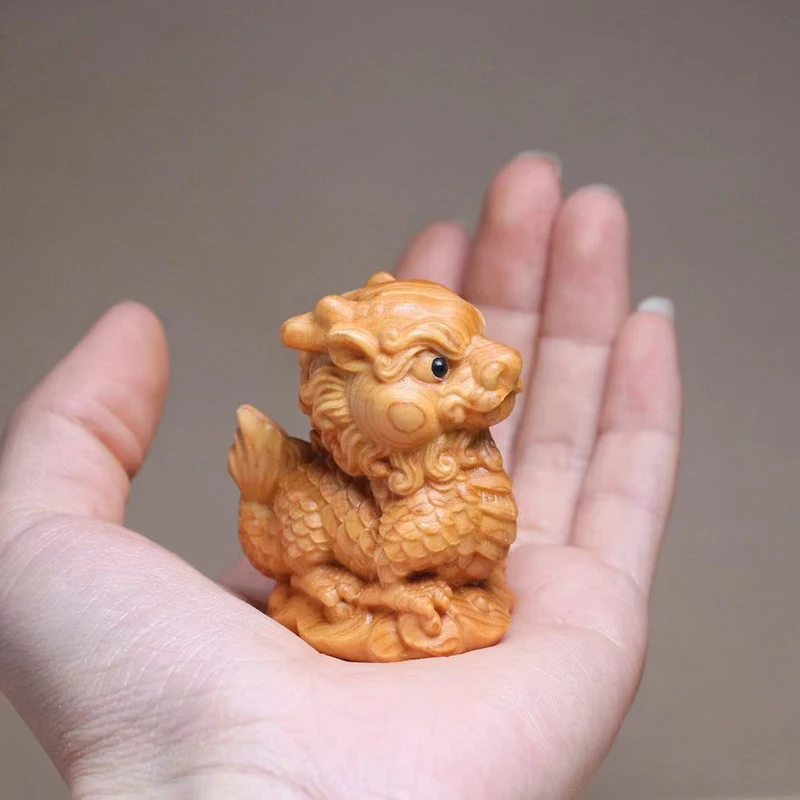 Natural Cypress Kirin mascot Mini Statues Chinese mythical beasts cute Home, Room, Office, Flower Pot Decoration Accessories