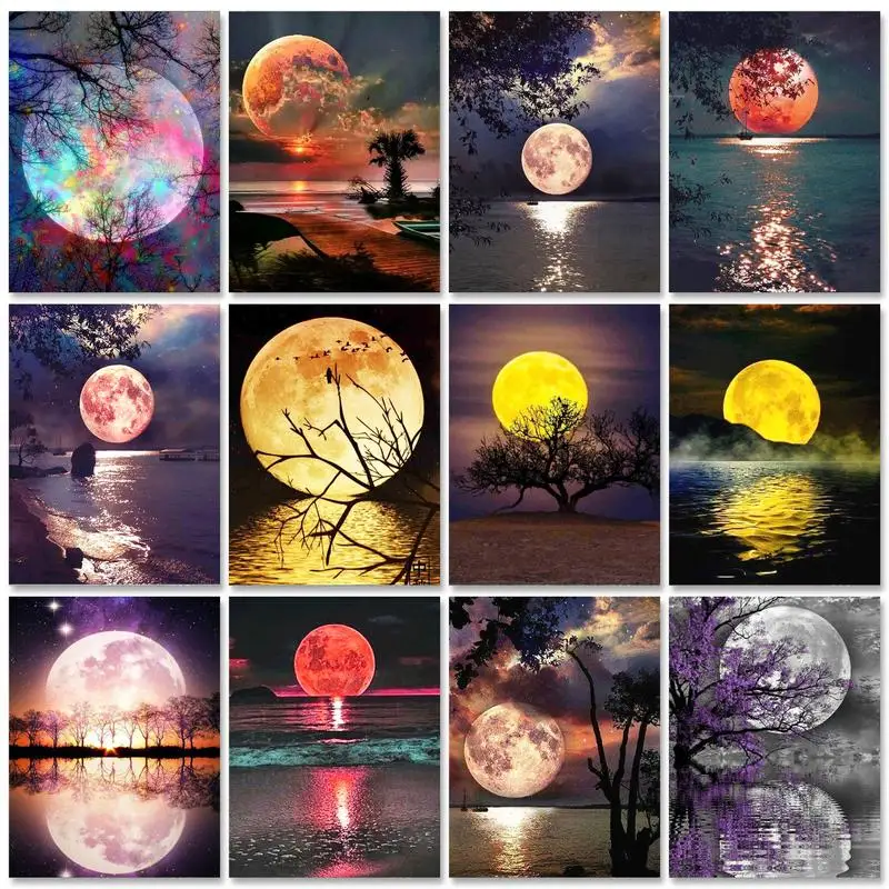 GATYZTORY 5D DIY Diamond Painting Full Round Square Landscape Moon rhinestones Diamond Embroidery Seaside Mosaic Decortion