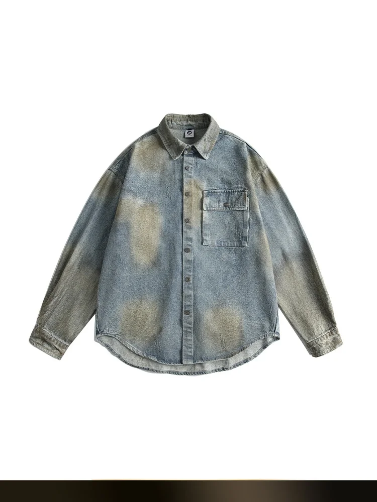

American Retro Waed Faded Denim irt Men's Loose Couple Sle Outerwear Cotton Polyester Long Sve Flip Collar Autumn