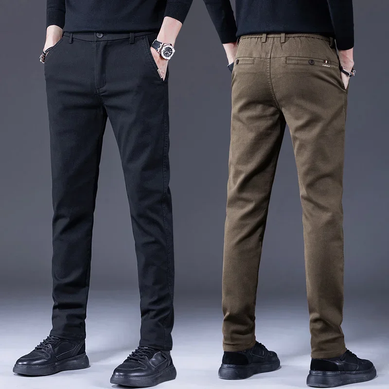 

2025 Autumn Winter Classic New Men's Clothes Business Casual Pants Fashion Elastic Straight Slim Trousers Male Coffee Gray