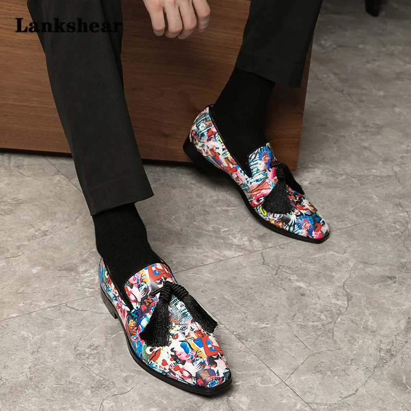 

Men Front Fringes Tassels Slip-On Flat Leisure Colorful Printed Loafers Round Toe Party Shoes Comfortable Shoes Large Size 38-47