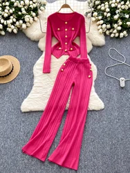 Elegant Women Long Pant Suit Gold Button O-Neck Slim Long Sleeve Knitwear+High Waist Wide Leg Pant 2 Pieces Set