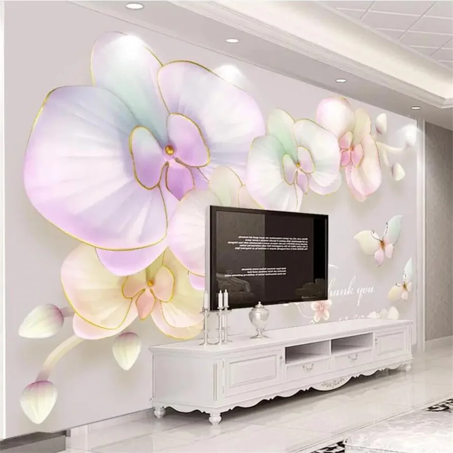 Customized fresh wallpaper, 3D relief butterfly orchid mural minimalist European style TV background wall living room decoration