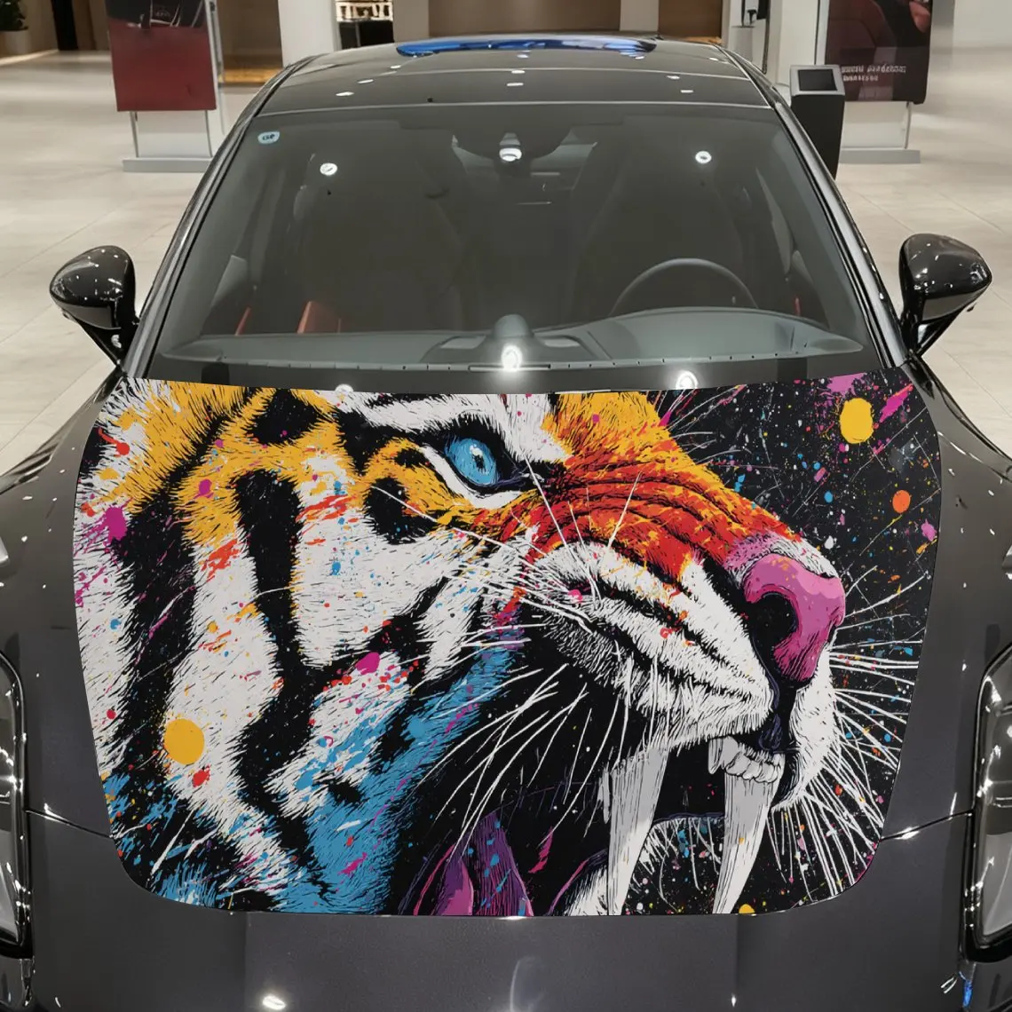 Envoltórios coloridos do capô do carro do pvc da cena urbana da dominância do tigre, adesivo impermeável autoadesivo da decalque do capô do carro, proteção da decoração do carro