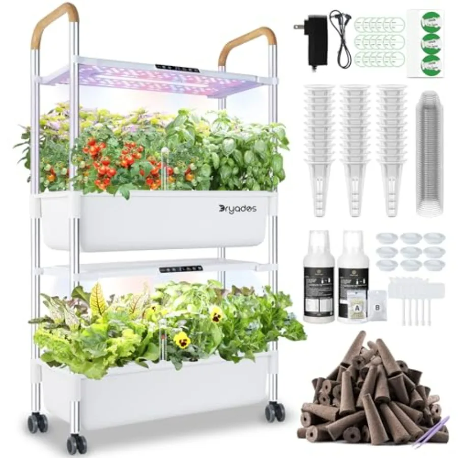 Indoor hydroponic growing system for herbs and vegetables, white ABS plastic, with 54-pod capacity, 30W LED grow light, large m