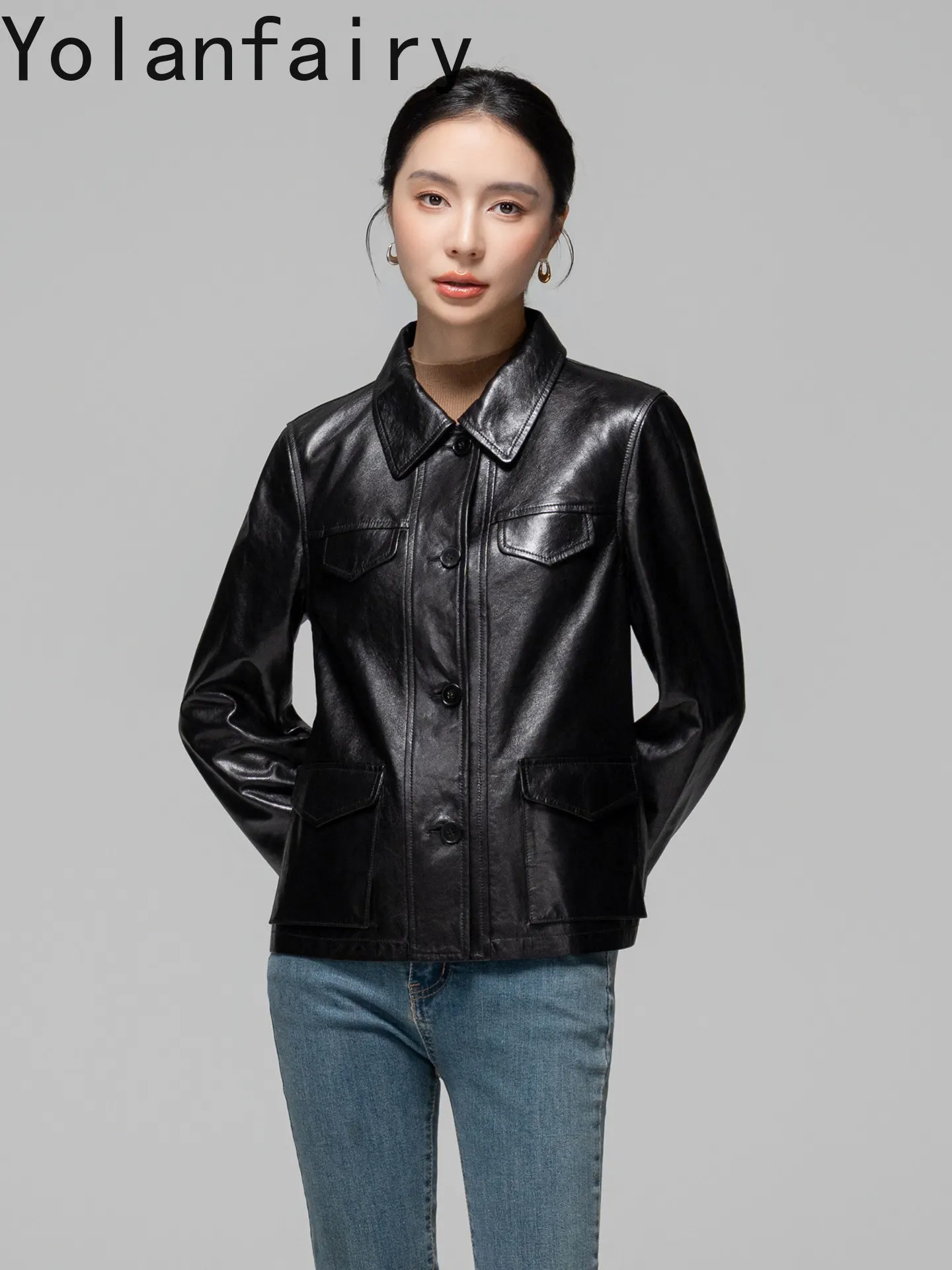 YOLANFAIRY Real Sheepskin Woman Leather Coats 2026 Fall High Quality 100% Genuine Leather Jacket Women Short Black jaquetas New