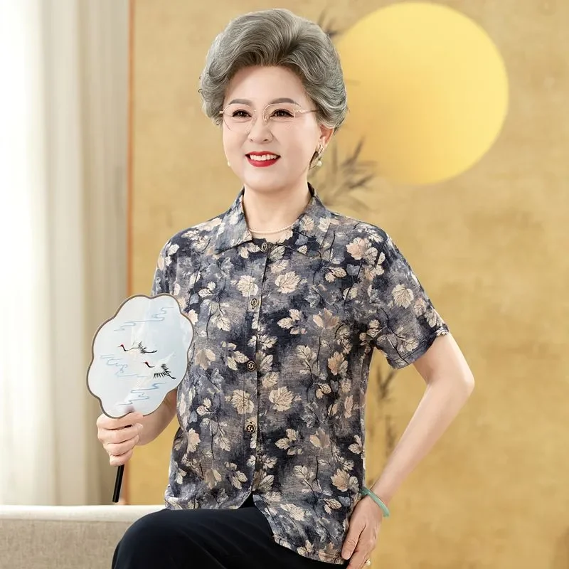 Elderly Women Floral Printed Turn Down Collar Short Sleeve Pocket Loose Casual Grandma Shirts