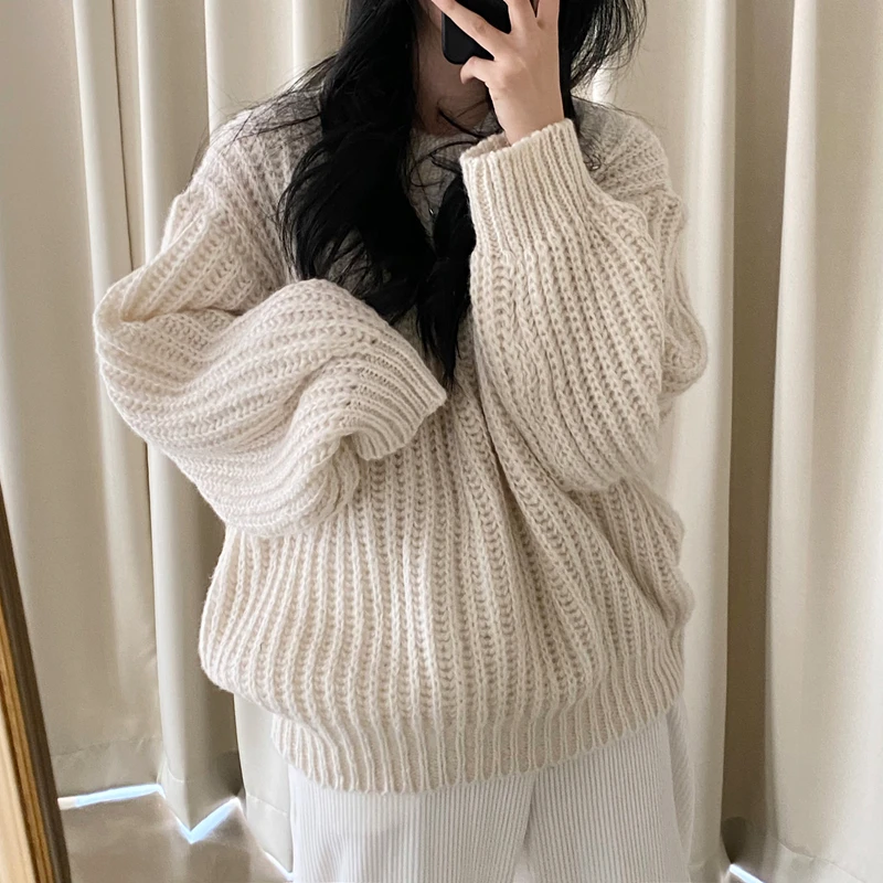 Korean style Loose Lazy Hundred Solid Color Pullover Sweater Long Sleeve Knit Sweater Women