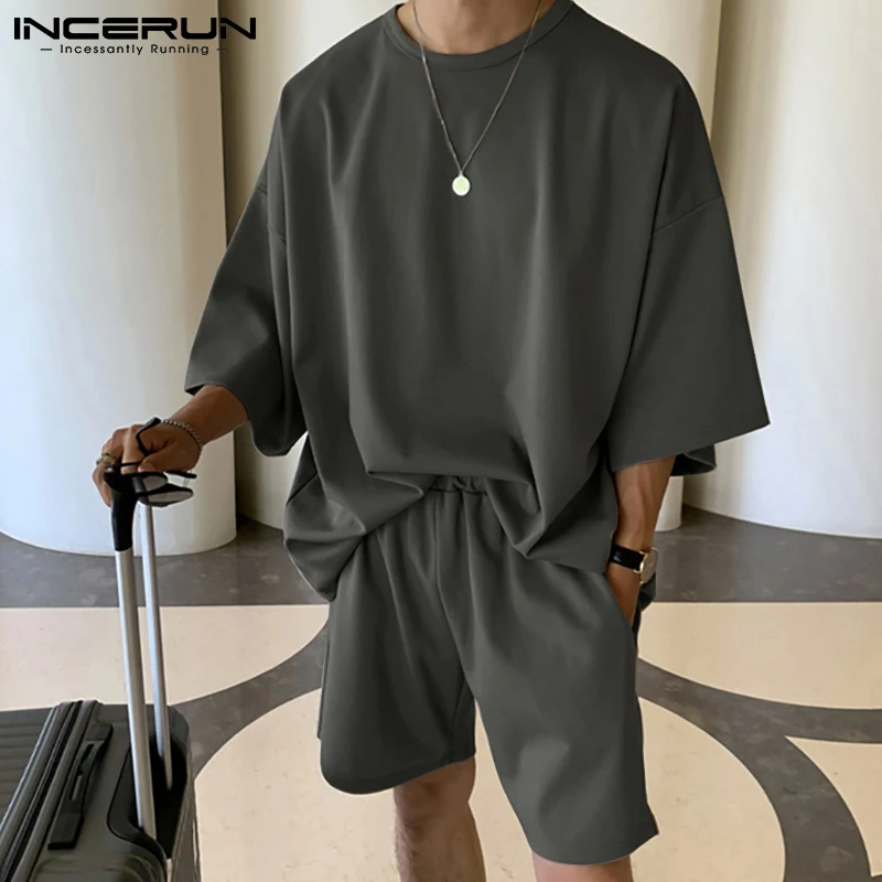 INCERUN 2024 Men Sets Solid Color Loose Half Sleeve T Shirts & Shorts Two Pieces Sets Summer Streetwear Casual Men Suits S-5XL