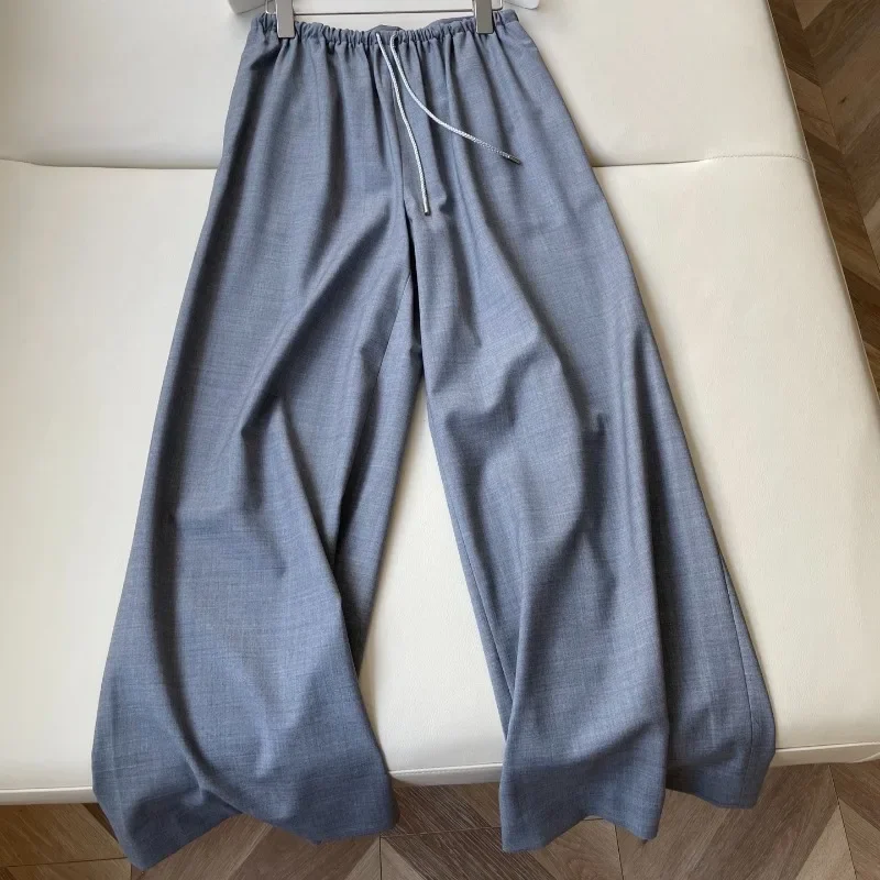 2025 Spring Wool Wide-leg Drawstrings Grey Pants Women