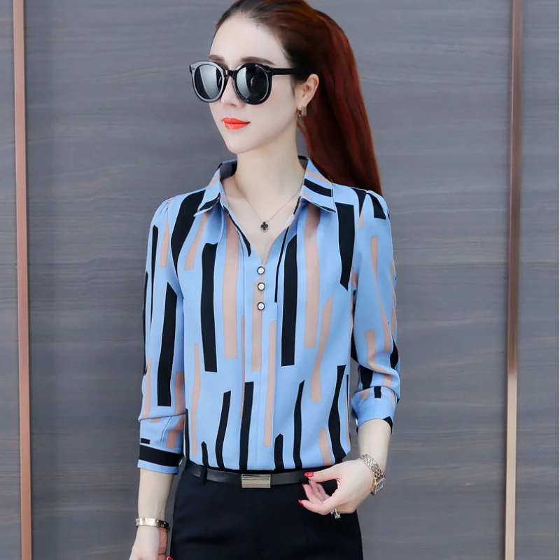 2023 New Women\'s Clothing Shirt Polo-Neck Long Sleeve Office Lady Commuter Fashion Stylish Printed Button Geometric Blouse