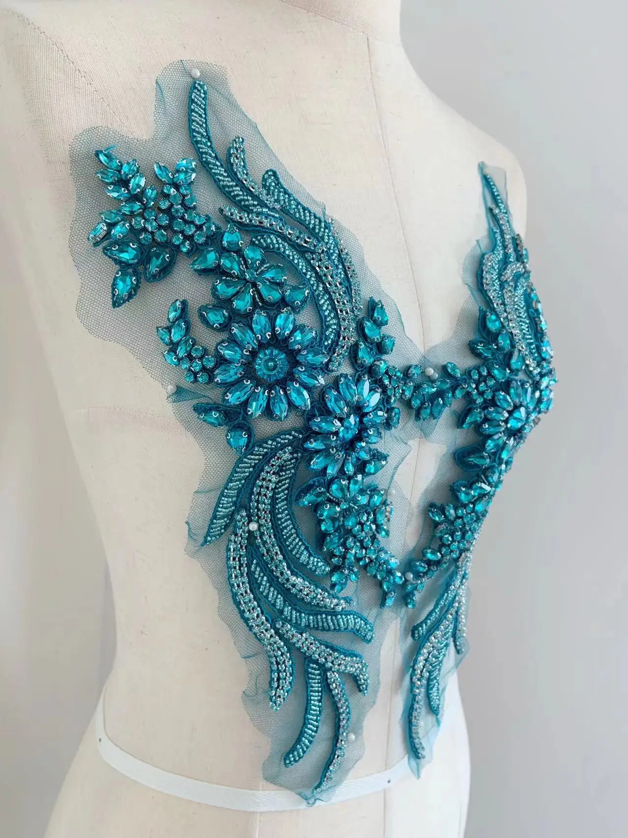 1 Pair Teal Blue Beaded Rhinestone Trim Applique with Crystal Flower Patch,Multicolor Bridal Jewelry Dress,Clothing,Couture