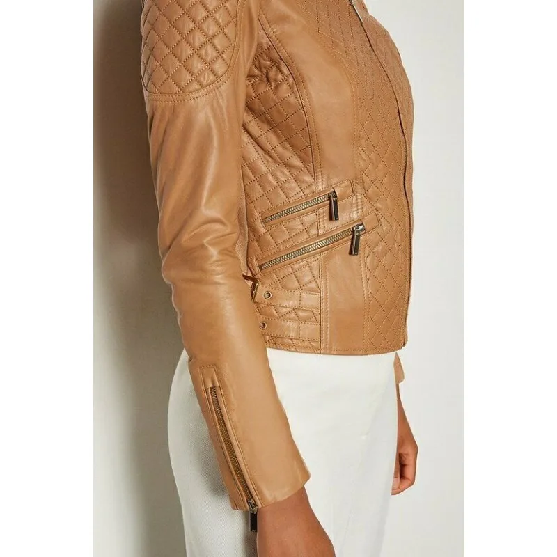 HOT Women's Collarless Real Lambskin Stitch Designer Leather Jacket Slim Outwear