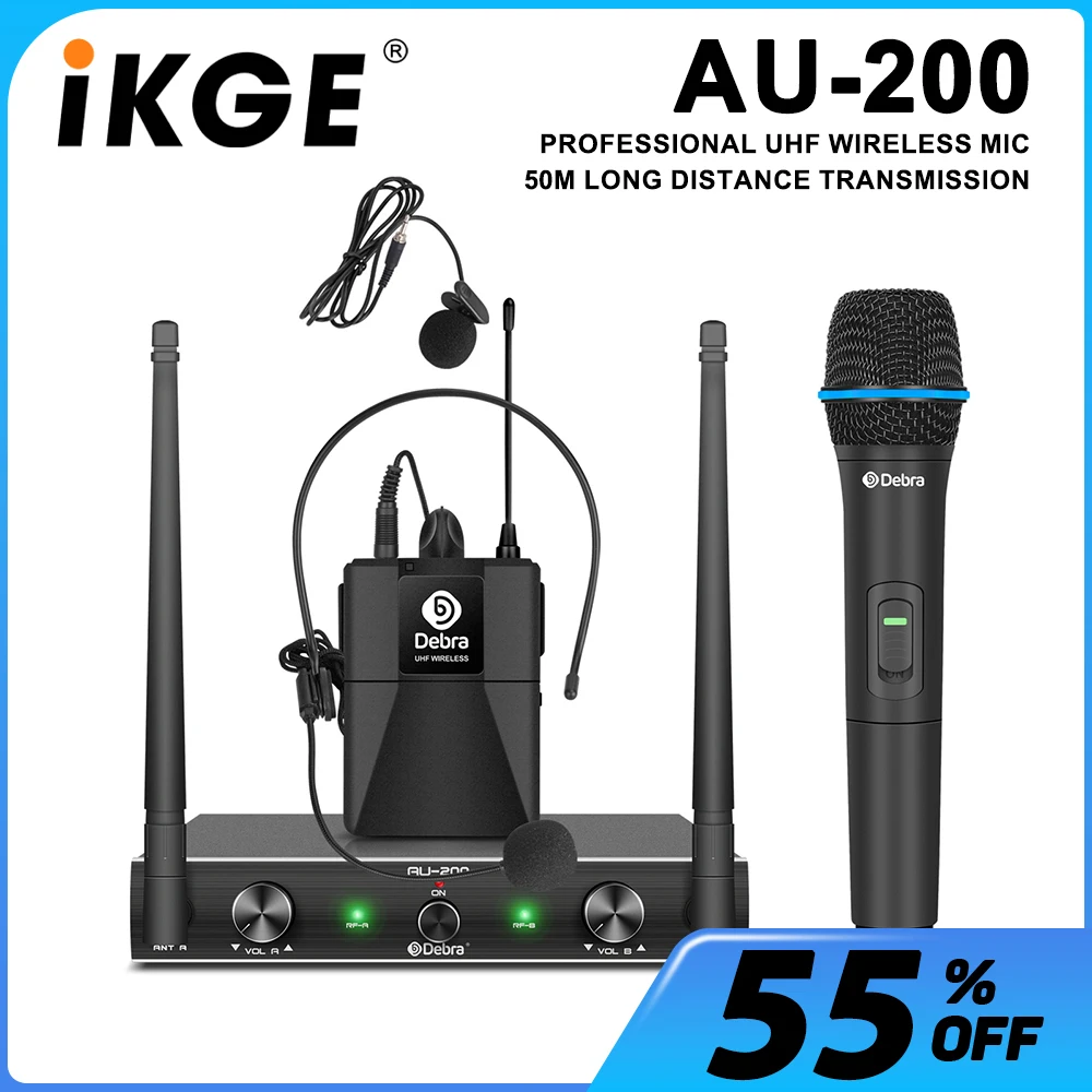 

AU200 Portable wireless microphone system, UHF 2-channel handheld, lavalier and headset microphones for karaoke, church parties.