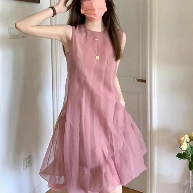 Vestido francés sin mangas de color rosa suave y dulce para mujer, nuevo diseño avanzado, vestido versátil y elegante
