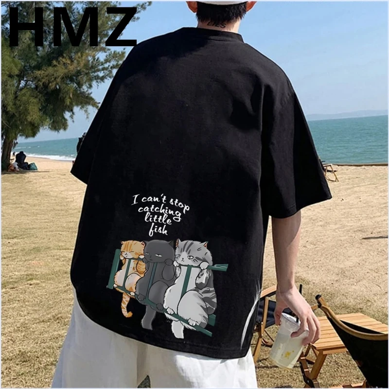 New Summer Japanese Anime Cat Print Tshirt Men Soft Cotton T-shirts Men High Street Couple T Shirts Casuals Streetwear Men