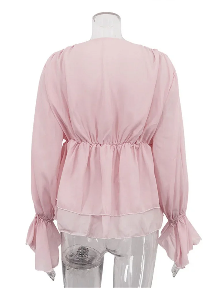 BluWin Female Sexy Lace-Up Shirts Top For Women Ruffled V-Neck Loose Patchwork Cardigan Commute Blouse Casual Summer Shirts 2025
