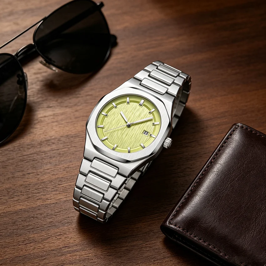 Image of Achteckige Herrenuhr, luxuriöser Edelstahl, lindgrünes, gebürstetes Zifferblatt, leuchtendes Datum, modischer Reloj Hombre