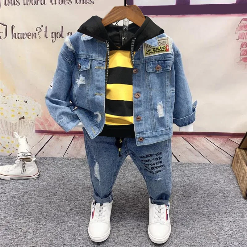 3Pcs/set Children\'s Spring Fall Clothing Boys Denim Jacket Girls T-shirts Hooded Sweatshirt+Denim Jacket + Jean Pant Kids Suits