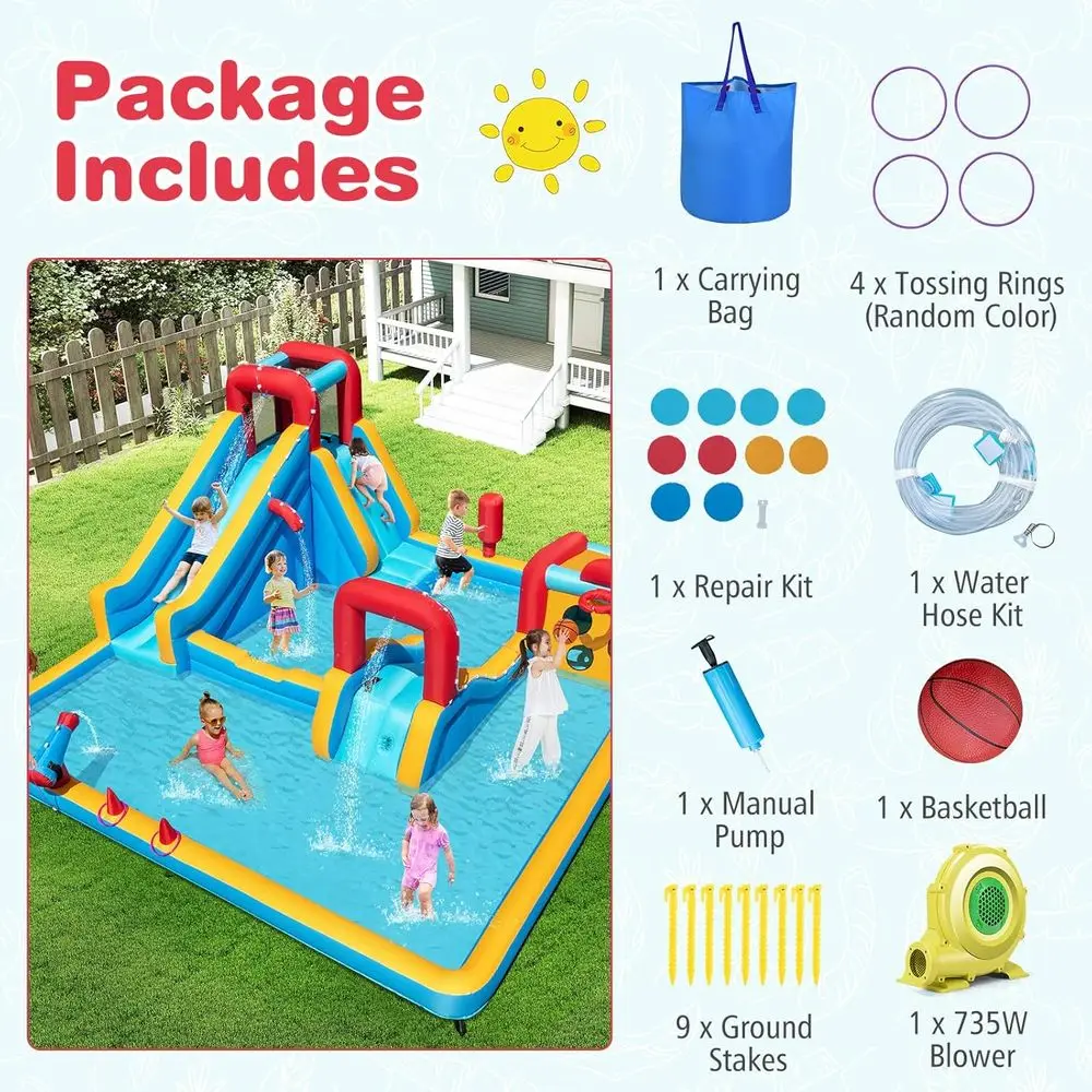 Iatable Water Slide, Giant Water Park Long Slide/Climbing Wall/Boxing/Target Game/Ring Toss/Water Cannon, Splash Pool,