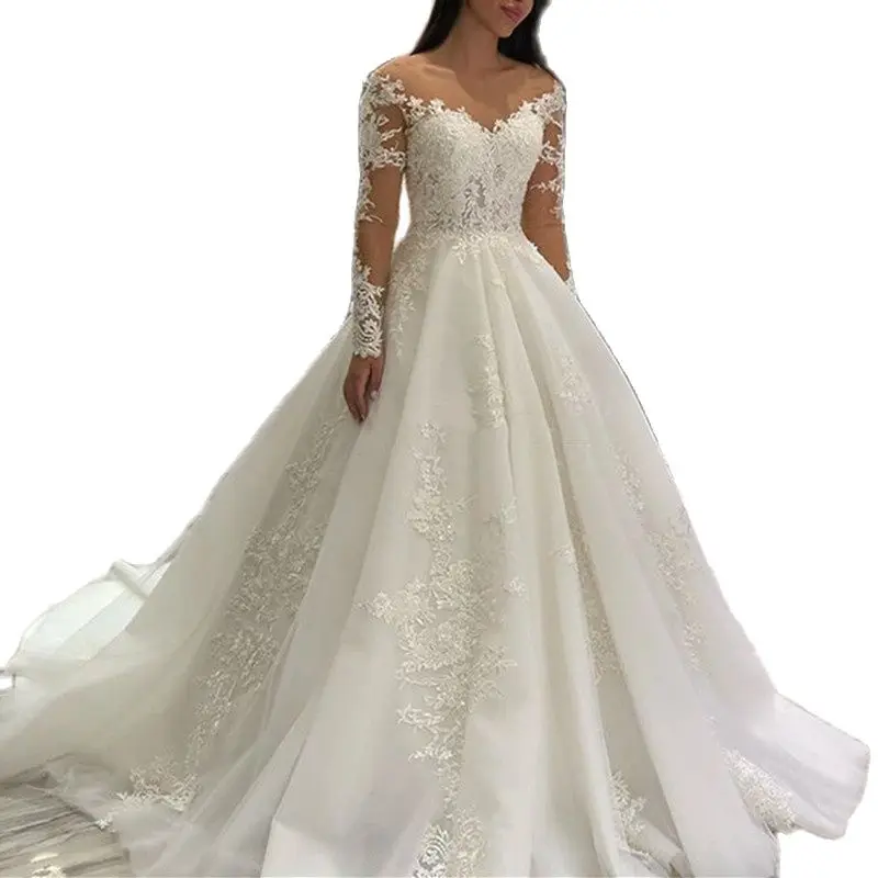 Abito da ballo con lacci con scollo a V Abito da sposa semplice ed elegante Abito da sposa in pizzo a maniche lunghe senza schienale Treno Pieghe Robe De Mariée DX22