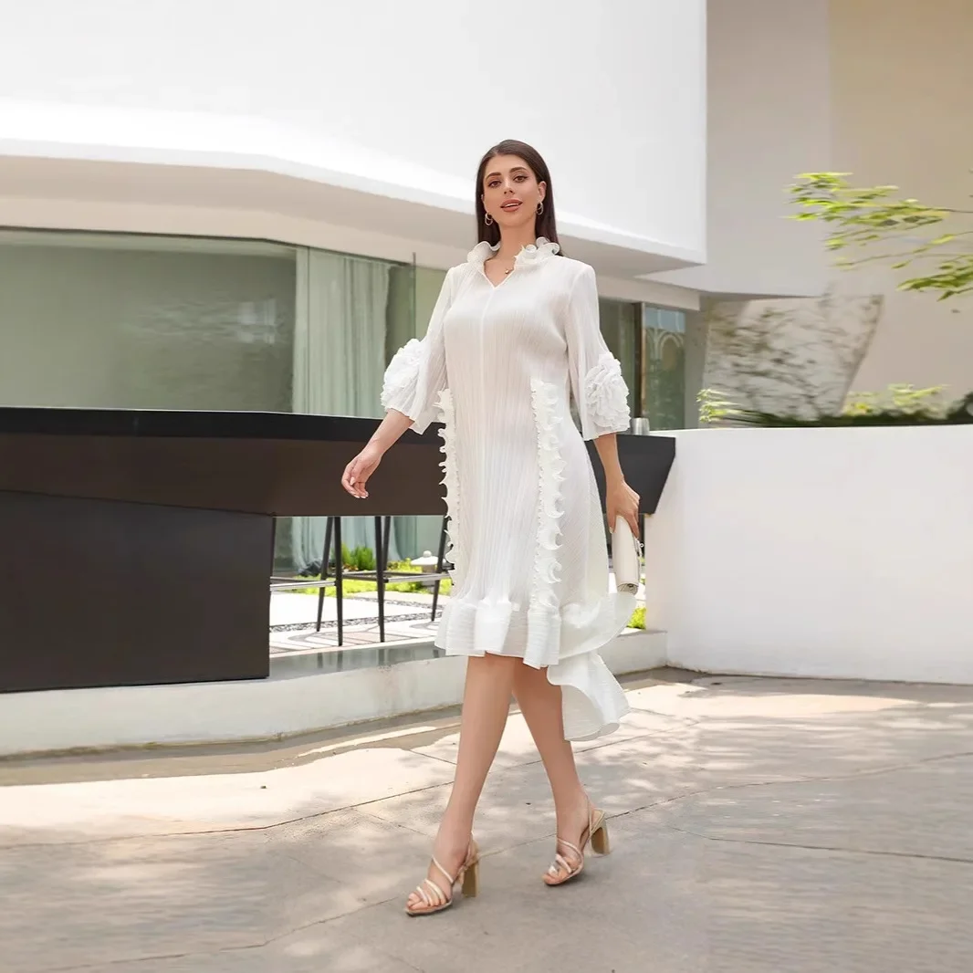 여성 우아한 드레스 솔리드 컬러 v 넥 긴 소매 패치 워크 디자인 루즈 피트 플러스 사이즈 세련된 캐주얼 이브닝 가운