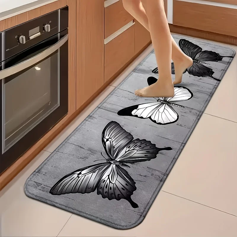 Black White Butterfly Kitchen Rug Non-Slip Washable Floor Mat Butterfly Kitchen Hallway Diatom Mud Water Absorbent Carpet