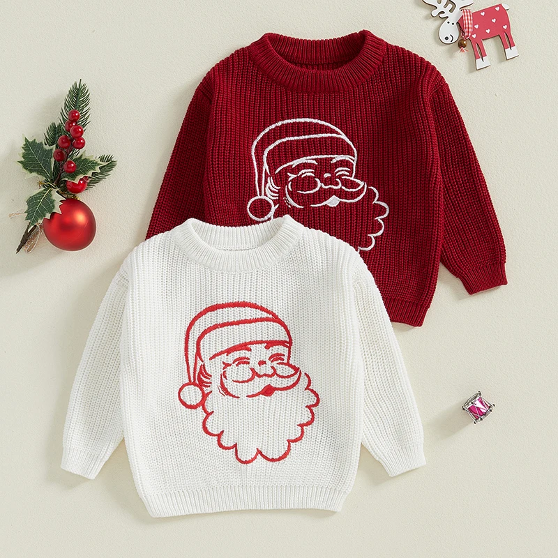 0-3Y Toddler Boy Girl Christmas maglione Santa Head Print Pattern ricamo manica lunga girocollo Chunky maglieria pullover