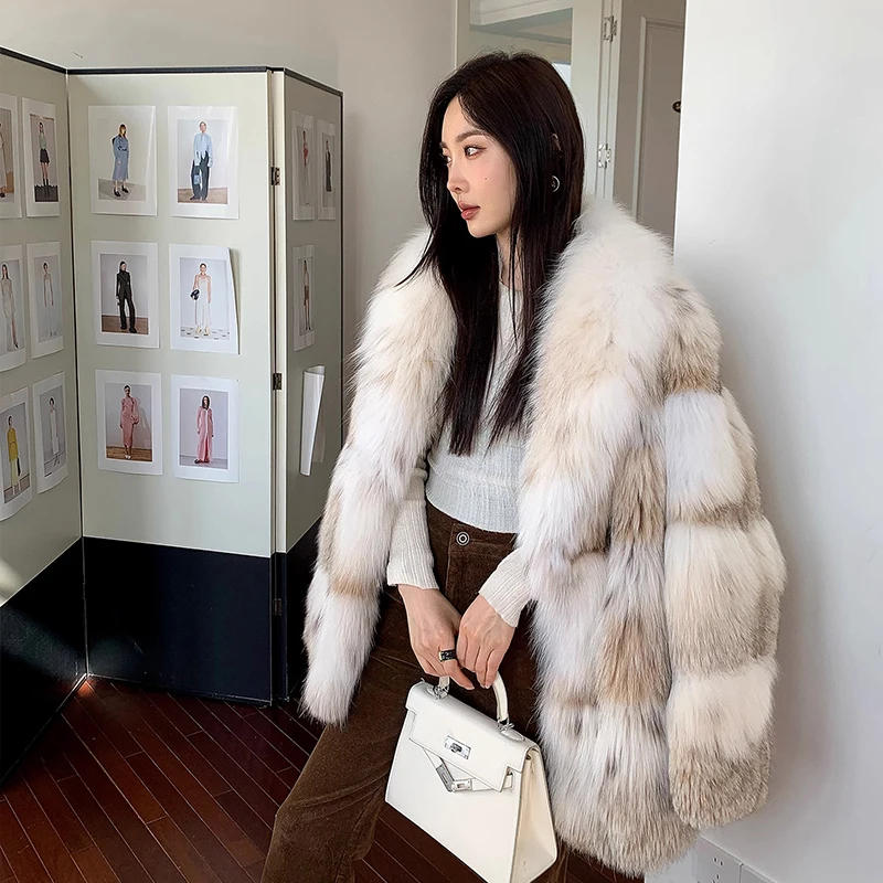 Ftangaiur New Winter Import White Lynx Cat Bobcats Turn-Down Collar LYNX Natural Fur Coats Women Medium Real LYNX Fur Coats