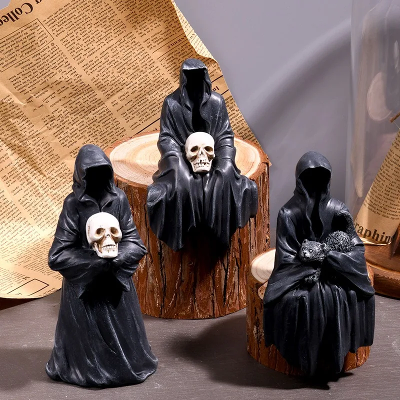 Halloween Black Robe Gothic Ornament Black Mask Faceless Ghost Home Desktop Car Resin Courtyard Decoration