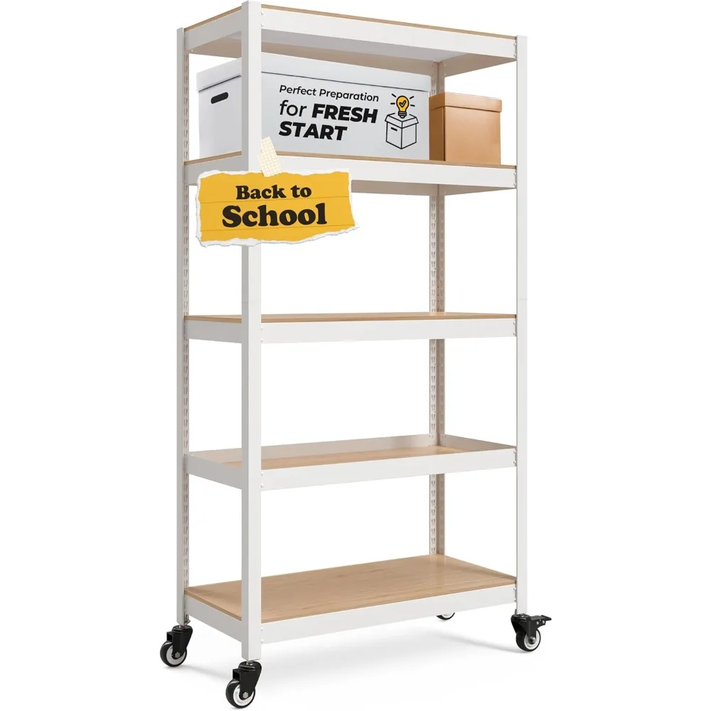 HOMEDANT House White 5-Tier Metal Rolling Cart Shelf Rack Casters Heavy Duty Wheel Shelving Unit Adjustable Utility Storage