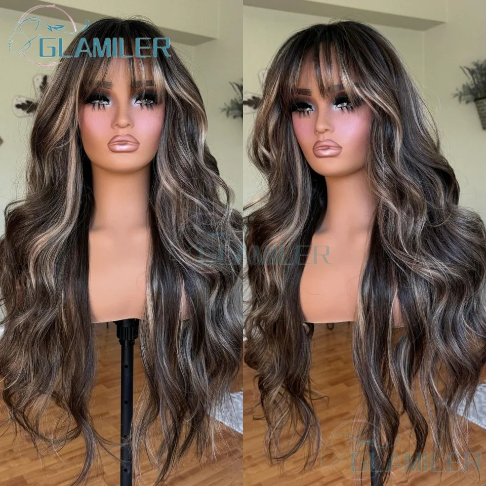 

1b/27 Highlight Ombre Fringe Wigs Black Blonde 5x5 Silk Top Human Hair Wigs With Bleached Knots 360/Full Lace Wigs with Bangs