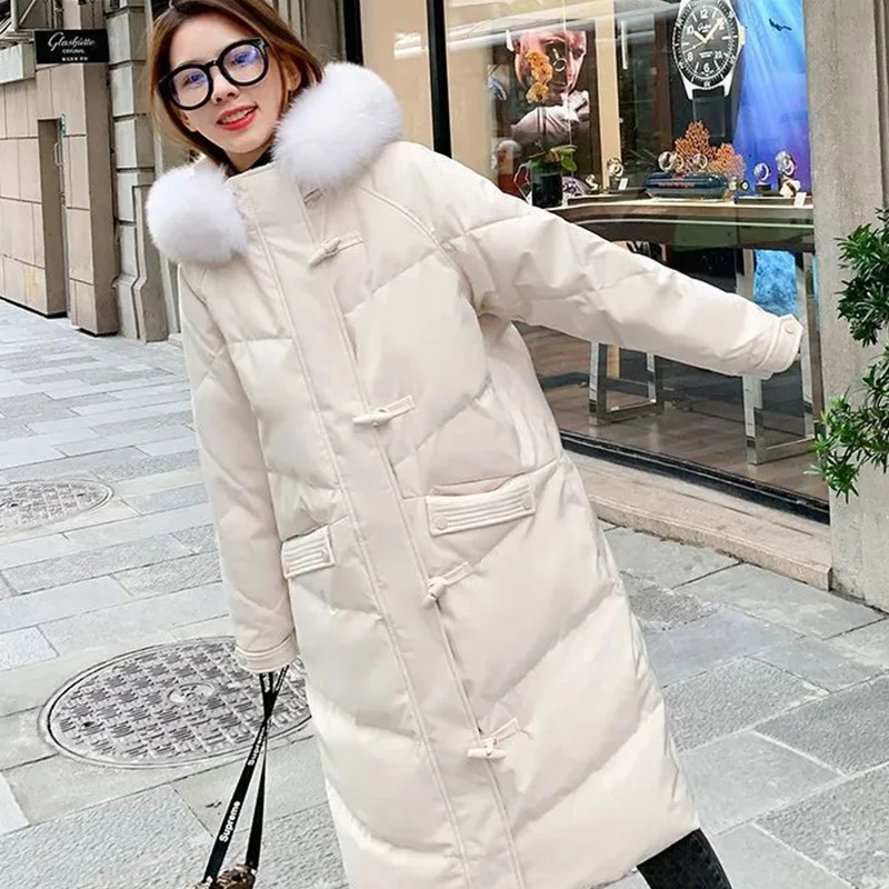 

Horn Button Thicken Fur Collar Cotton Coat 2023 Fashion Straight Pocket Down Cotton Coat Women's Loose Casual Zipper Cotton Coat