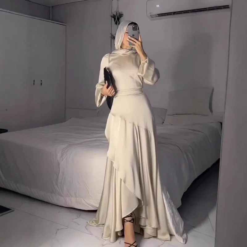 Temperament Rüschen Unregelmäßiges Kleid Muslimischen Satin Oansatz Hohe Taille Abendkleid Elegante Laterne Hülse Einfarbig A-linie Kleid