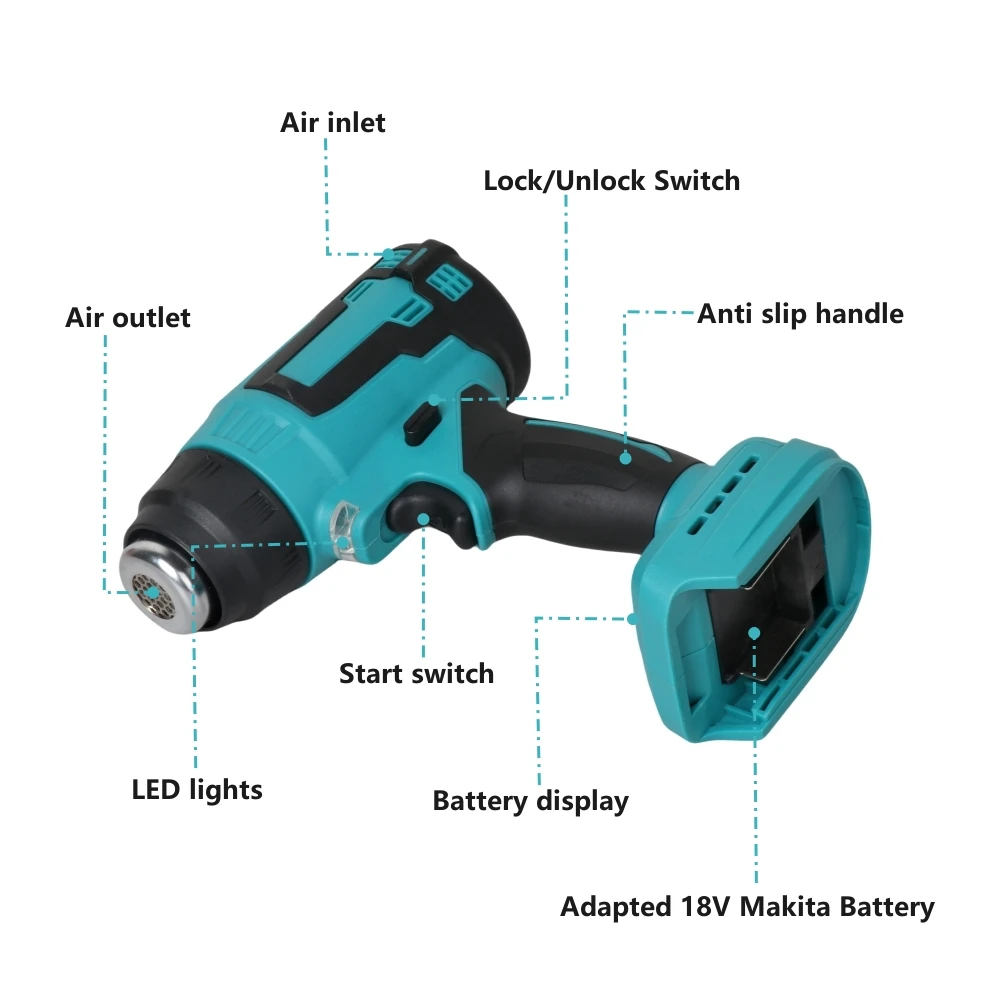 YIKODA 18-21V Electric Cordless Handheld Heat Gun with 3 Nozzles For Makita 18V Battery Power Tools