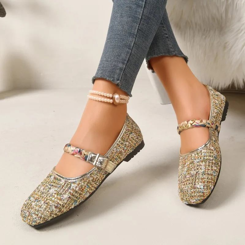 Women's 2026 Autumn New Versatile One Buckle Square Toe Flat Bottom Versatile Single Shoes