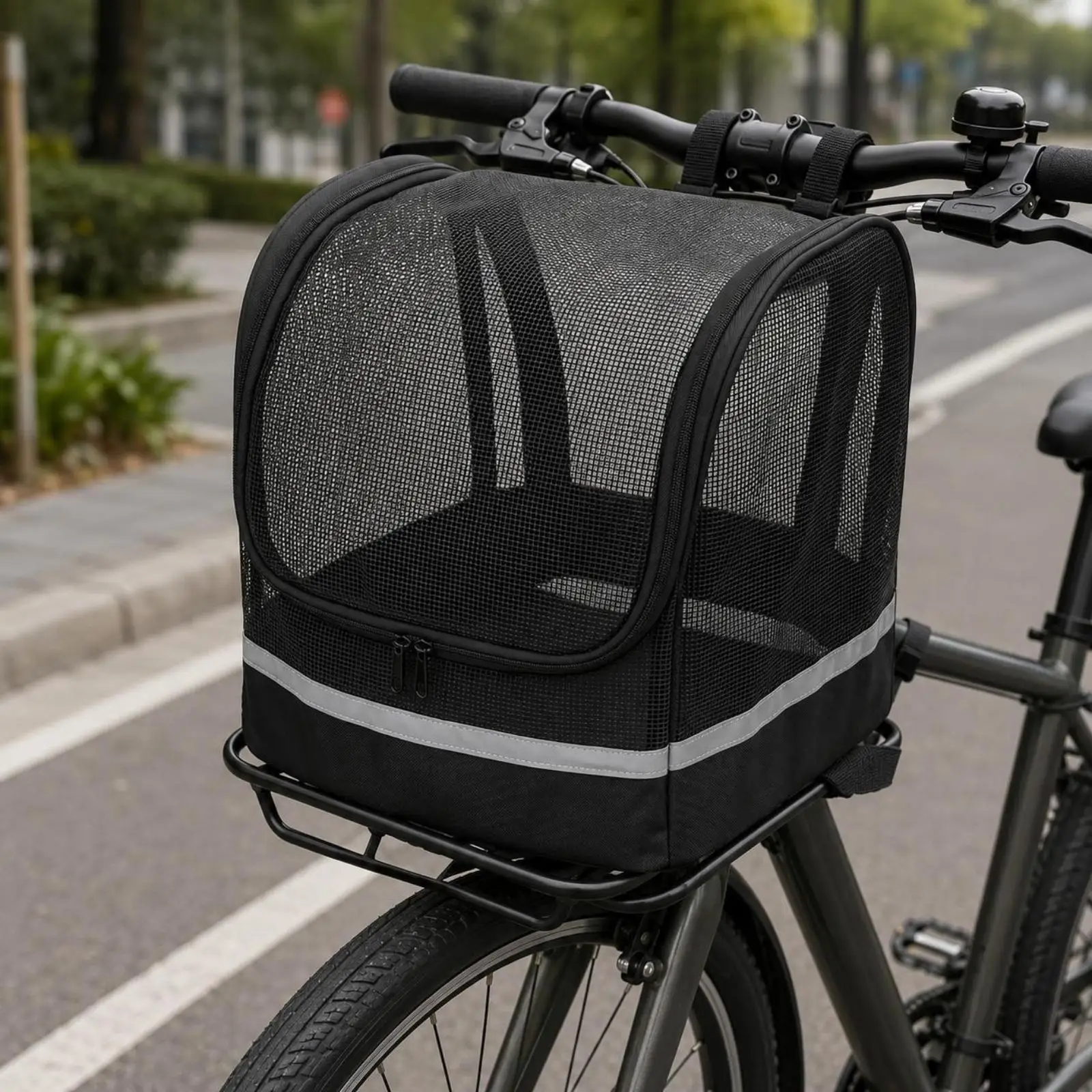 Covered Mesh Bicycle Front Basket Portable Pet Carrier Storage Handlebar Bag with Secure Straps for Commuting