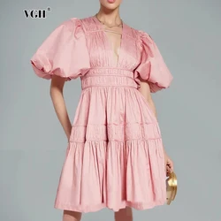 VGH Solid Folds Casual A Line Short Dreses For Women Deep V Neck Puff Sleeve High Waist Minimalist Slimming Dress Female Style