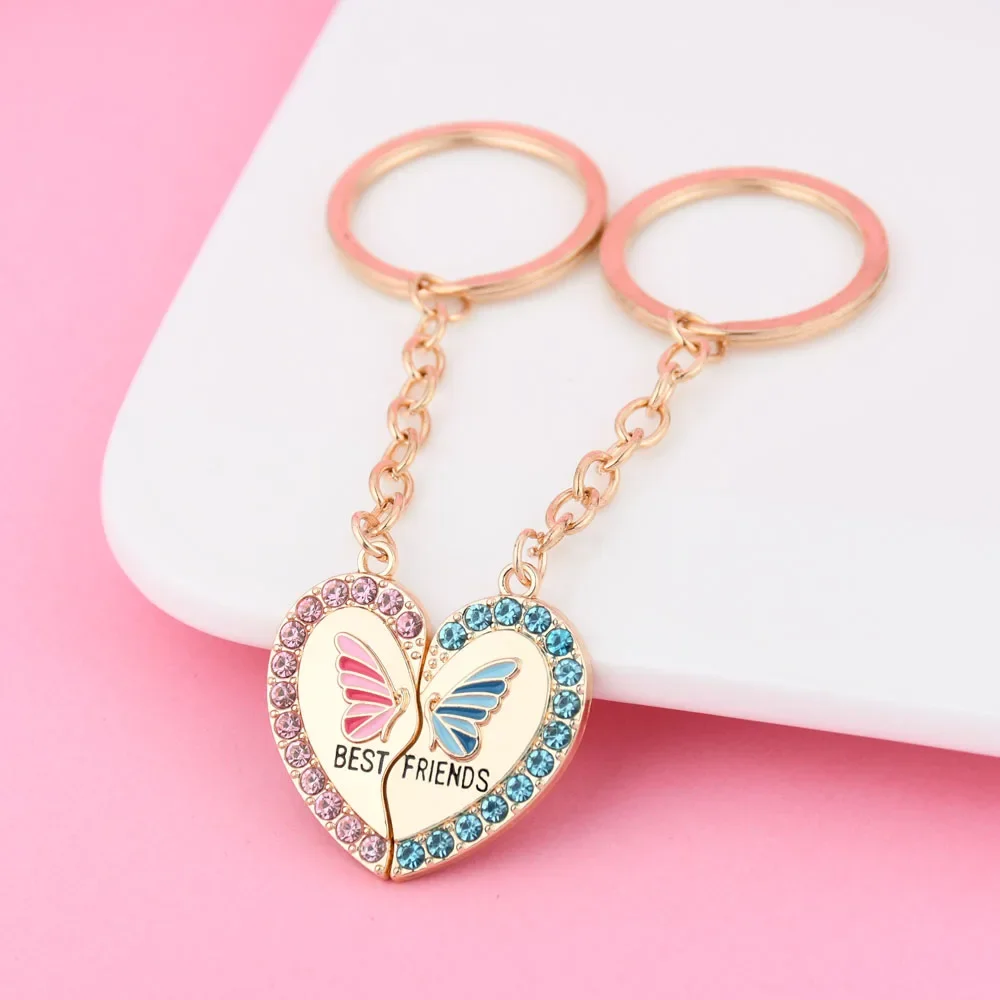 2Pcs/set Rhinestone Heart Broken Butterfly Best Friend Keychain for Kids Girls Fashion Friendship Gifts