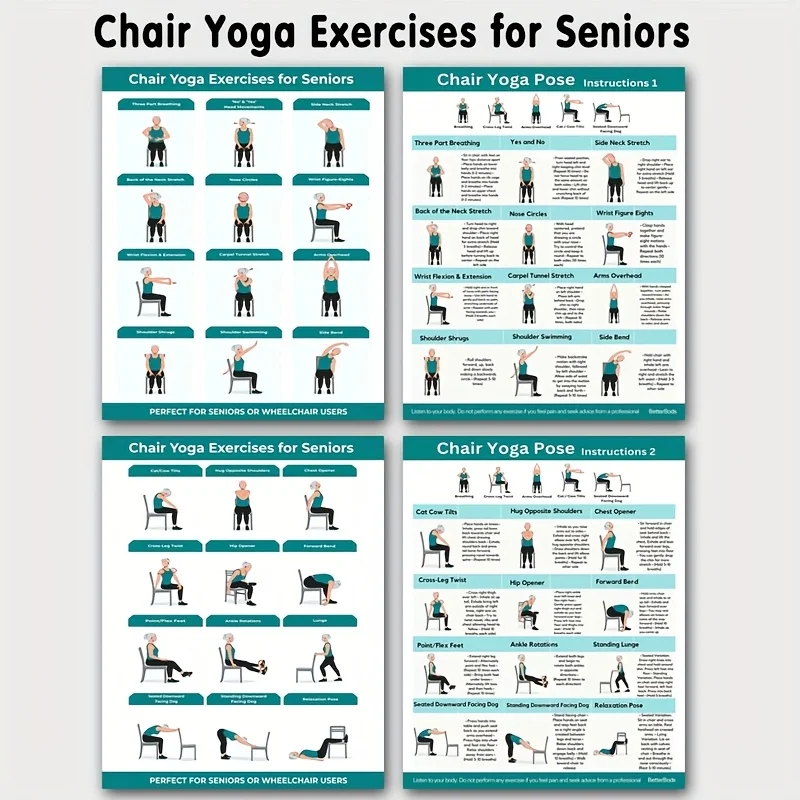 4 قطع مخطط اللياقة البدنية لتمارين اليوجا، للمبتدئين وكبار السن، دليل ممارسة اليوغا، تدريب المرونة، تمرين التحدي، مخطط اللياقة البدنية لليوجا للكرسي