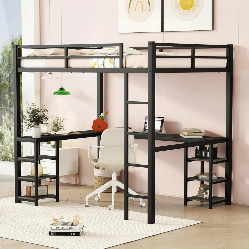 Full Size Loft Bed with Stairs and Desk, Metal Loft Bed with LED Light,  Bed Frame with Storage Shelves and Charging Station